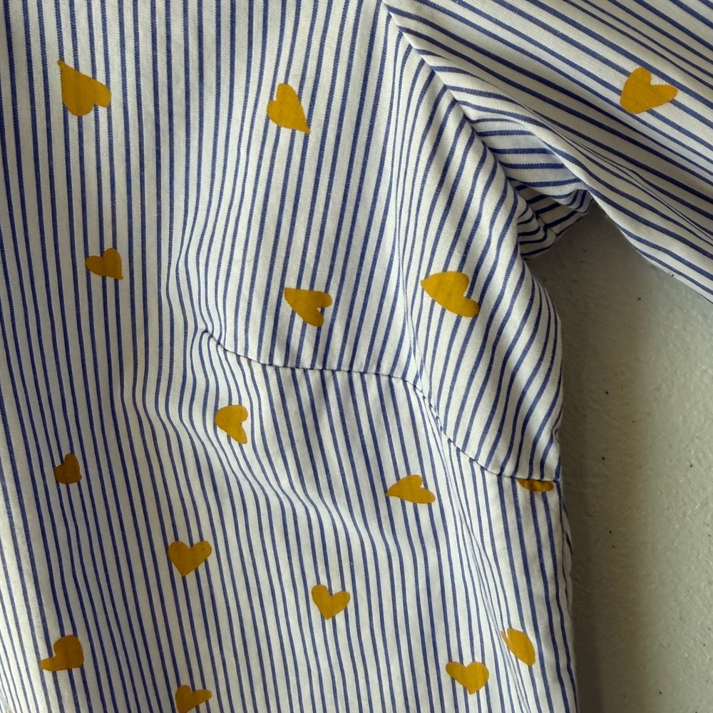Talbots Button Up Blouse S Blue White Striped Gold Heart 100% Cotton Ruffle - Picture 9 of 11